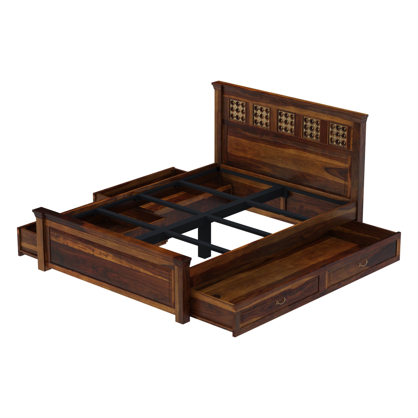 Brass Fusion Bed by Induscraft in Solid Sheesham Wood King & Queen Sizes with Storage Options
