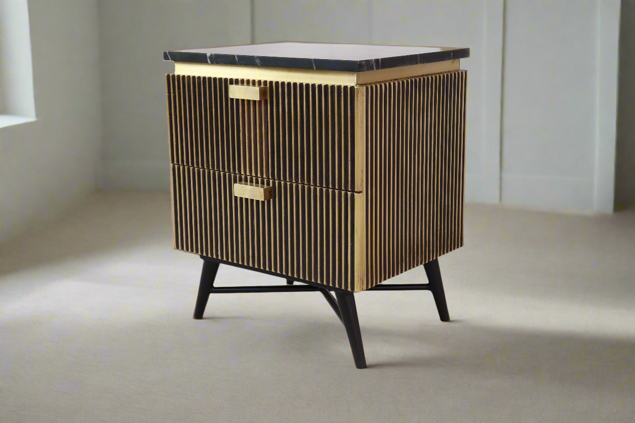 Aurum Bedside Cabinet by Induscraft with Brass Accents and Marble Top