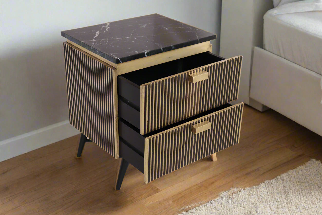 Aurum Bedside Cabinet by Induscraft with Brass Accents and Marble Top