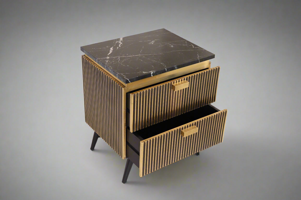Aurum Bedside Cabinet by Induscraft with Brass Accents and Marble Top