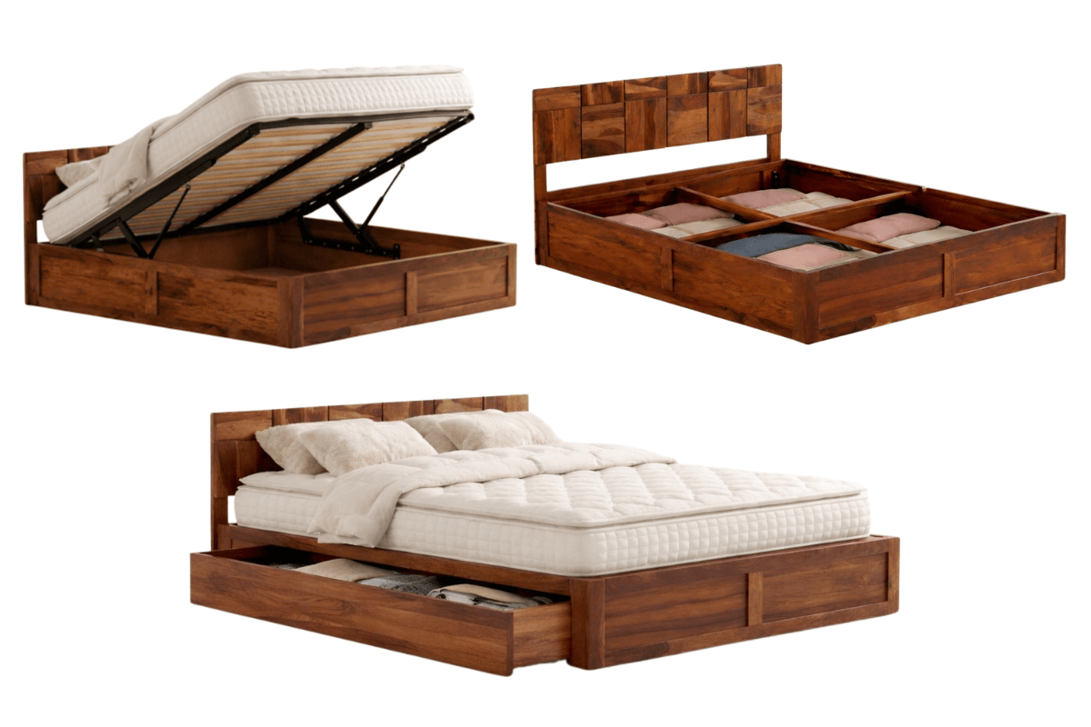 Sheesham Wood King Size Bed with Storage - Three Mechanishm Options