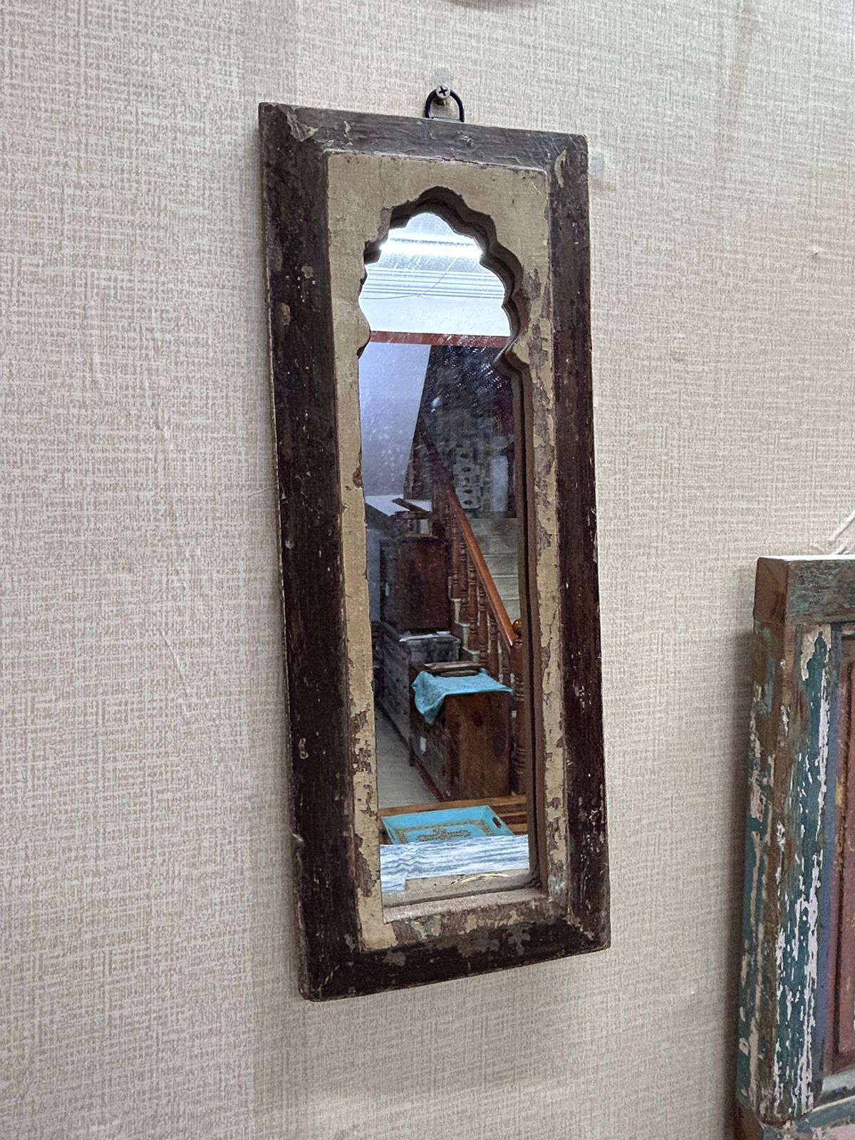 Brown and Beige Distressed Replica Long Mirror for Decor