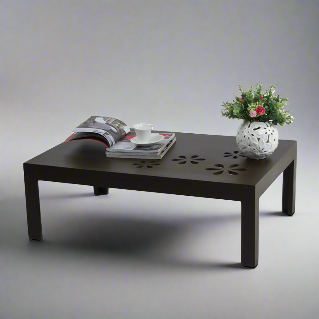 Flower Centre Table by Induscraft in Solid Sheesham Wood with Carved Floral Pattern