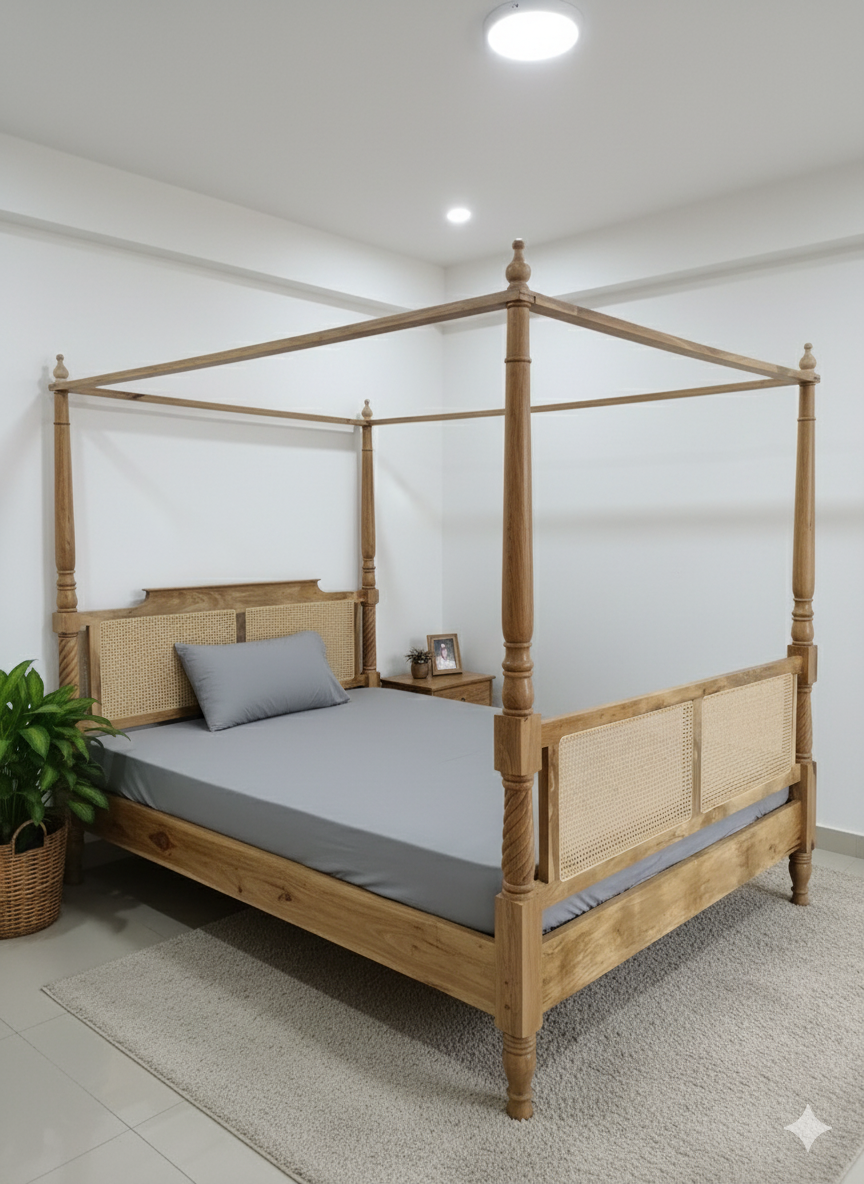 Solid Wood Rattan Poster Bed – Customizable Handmade Canopy Bed By induscraft