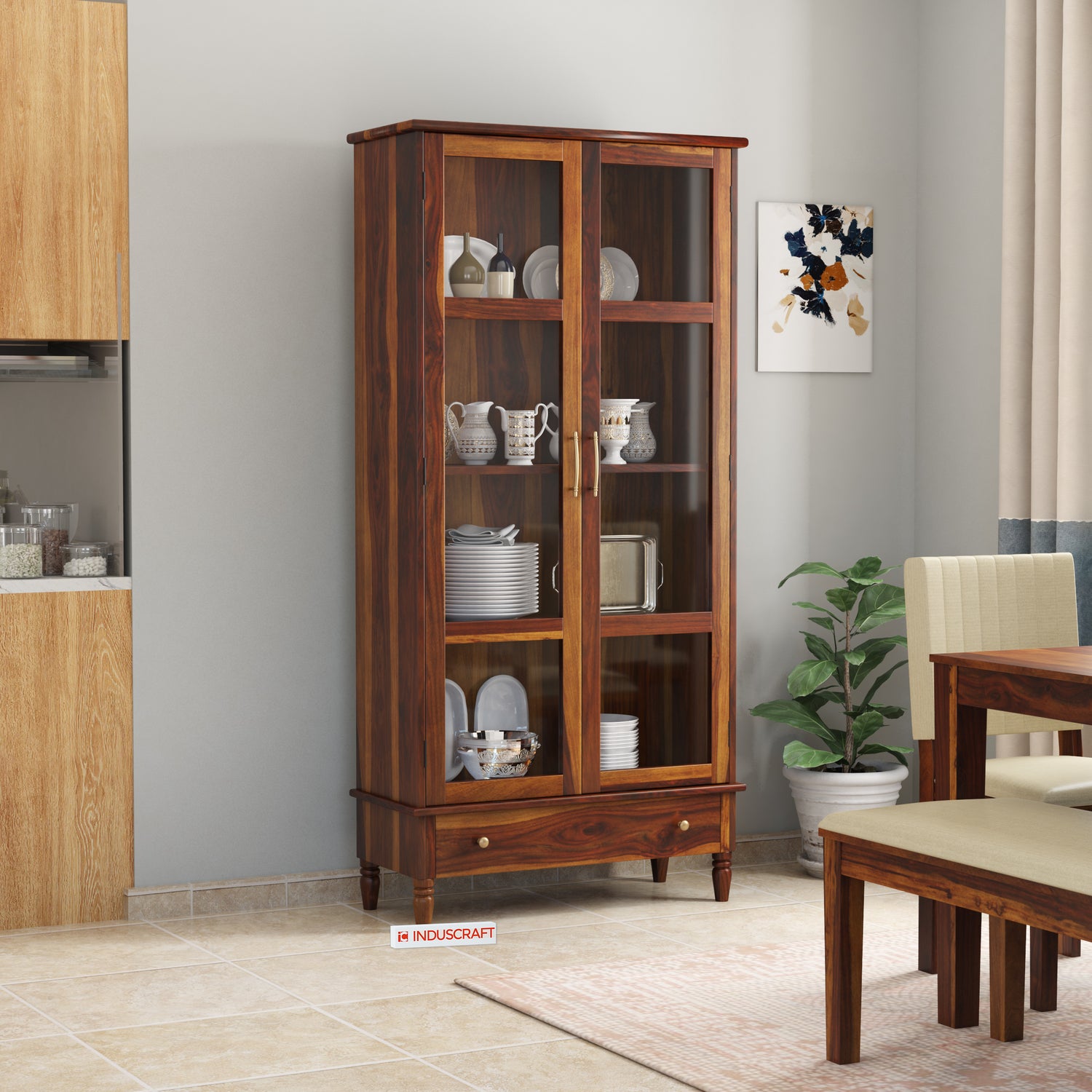 Tura Sheesham Wood Crockery Unit with Glass Door – Timeless Display Elegance