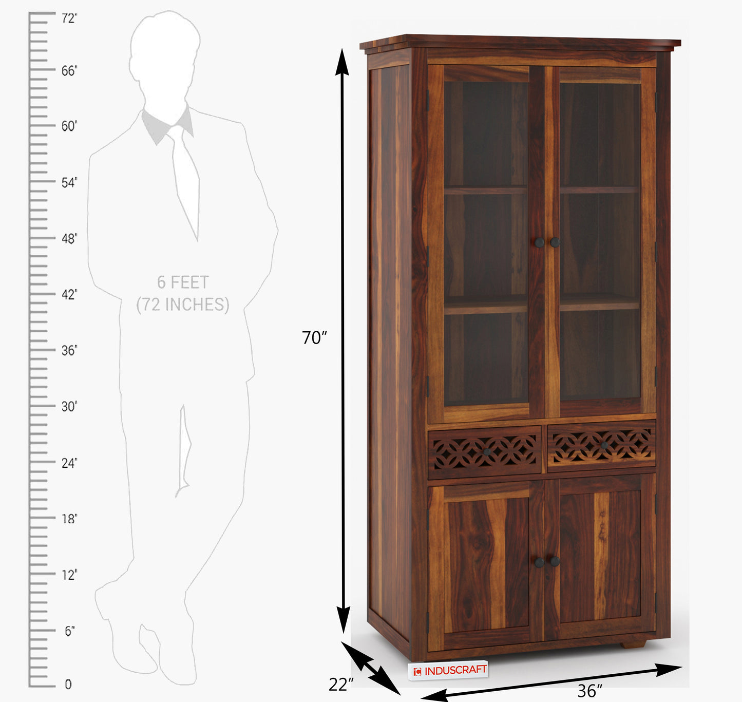Disa Display Cabinet in Solid Sheesham Wood with Glass Doors by Induscraft