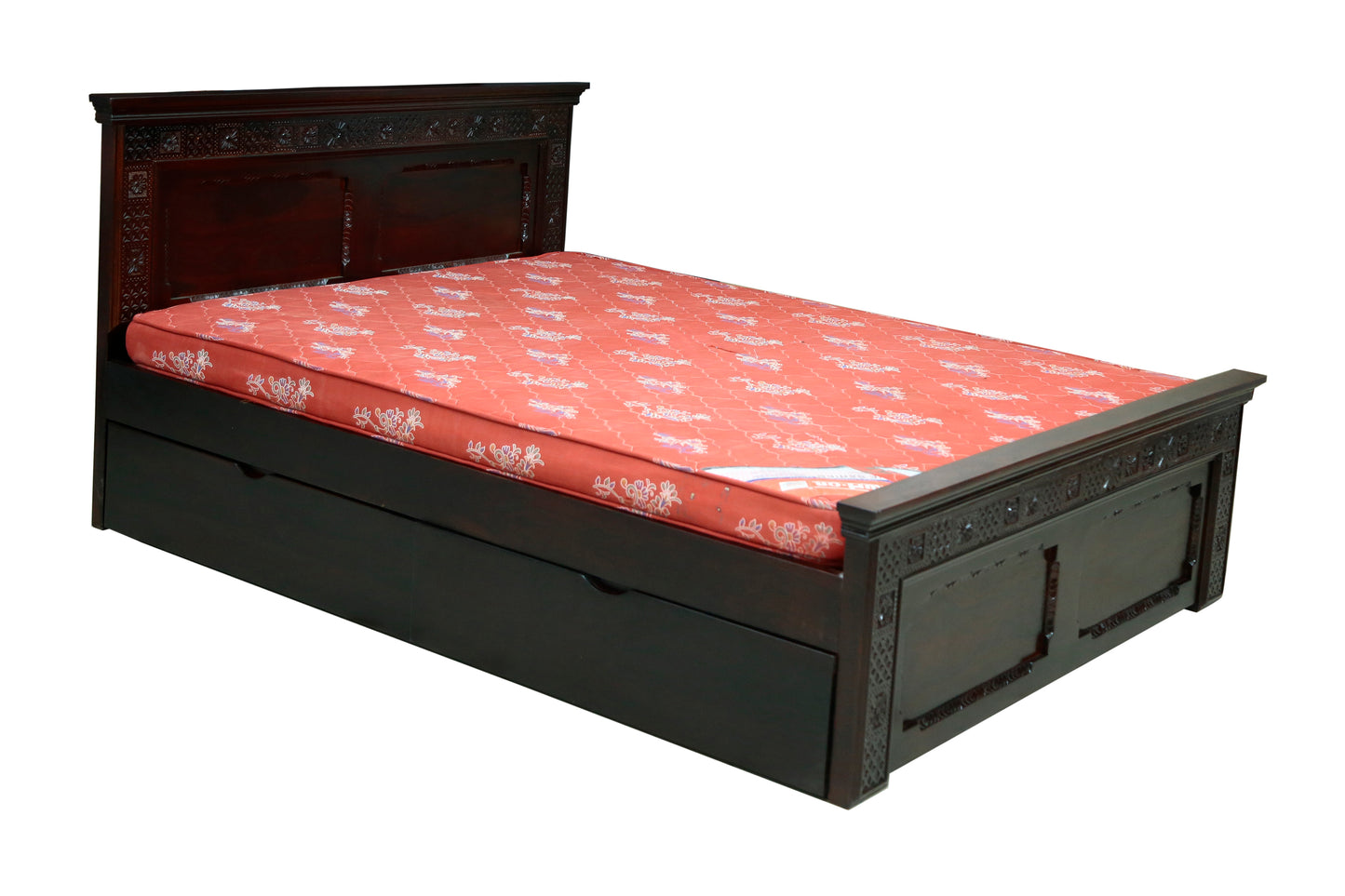 Carving Bed with Traditional Block Print by Induscraft of Solid Sheesham Wood with Hydraulic Storage