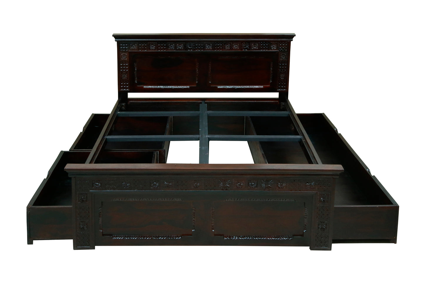 Carving Bed with Traditional Block Print by Induscraft of Solid Sheesham Wood with Hydraulic Storage