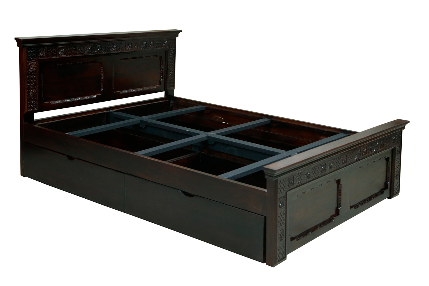 Carving Bed with Traditional Block Print by Induscraft of Solid Sheesham Wood with Hydraulic Storage