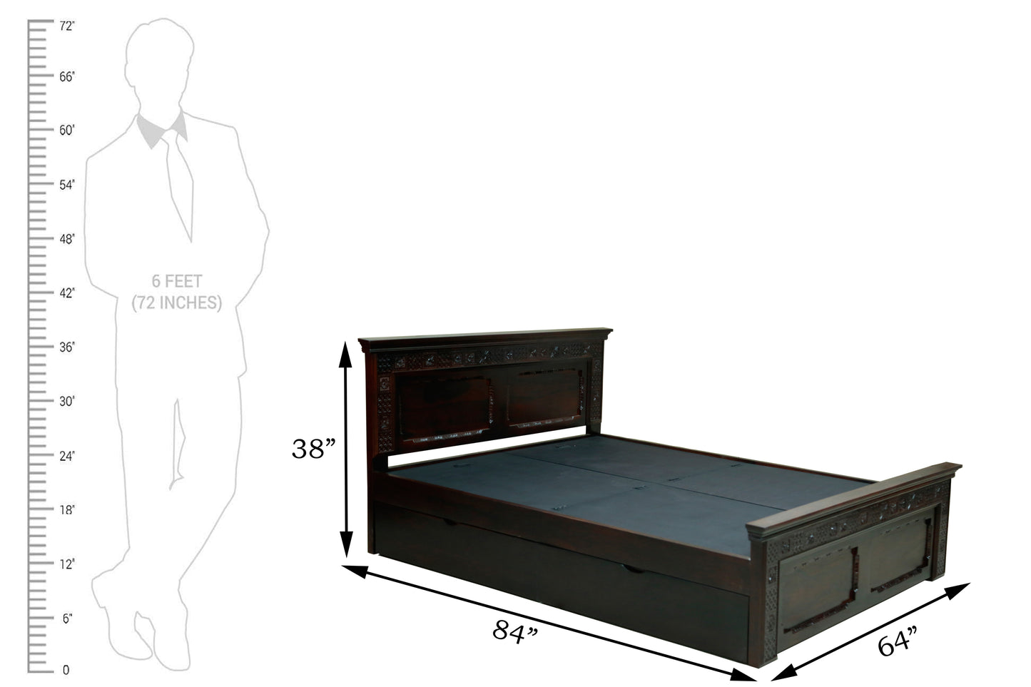 Carving Bed with Traditional Block Print by Induscraft of Solid Sheesham Wood with Hydraulic Storage