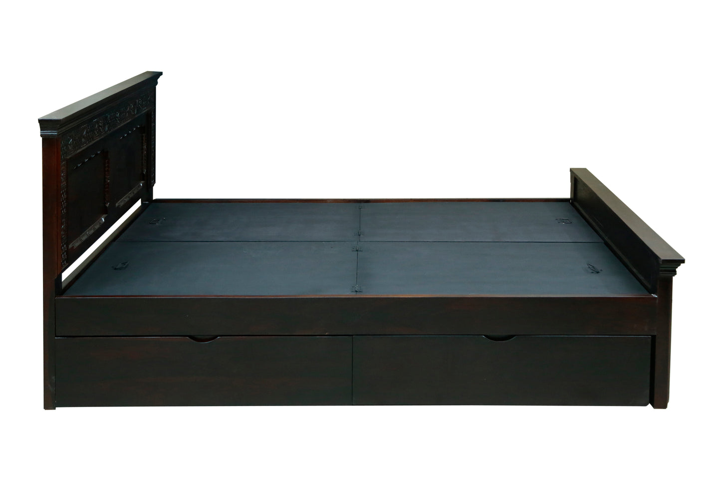 Carving Bed with Traditional Block Print by Induscraft of Solid Sheesham Wood with Hydraulic Storage