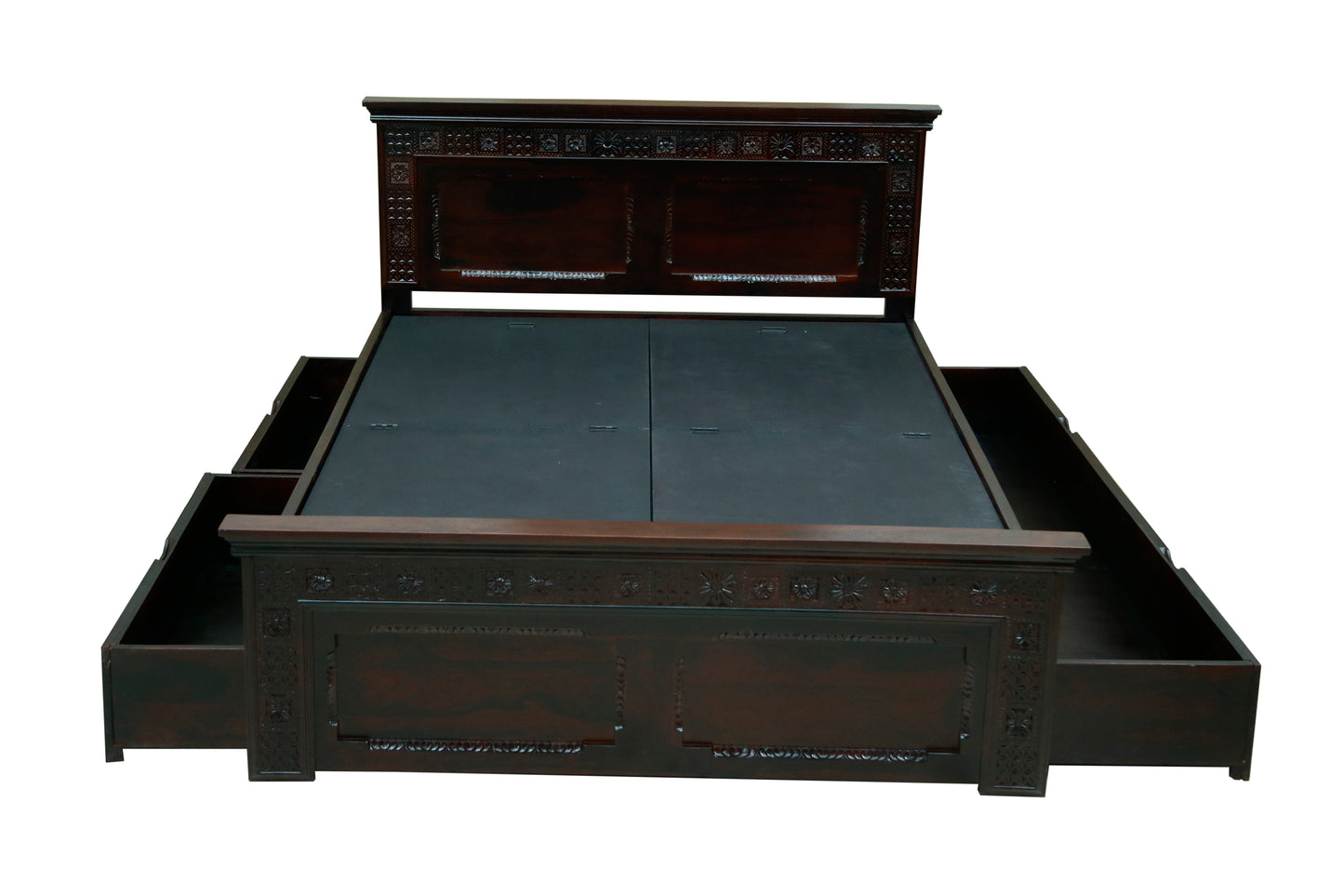 Carving Bed with Traditional Block Print by Induscraft of Solid Sheesham Wood with Hydraulic Storage