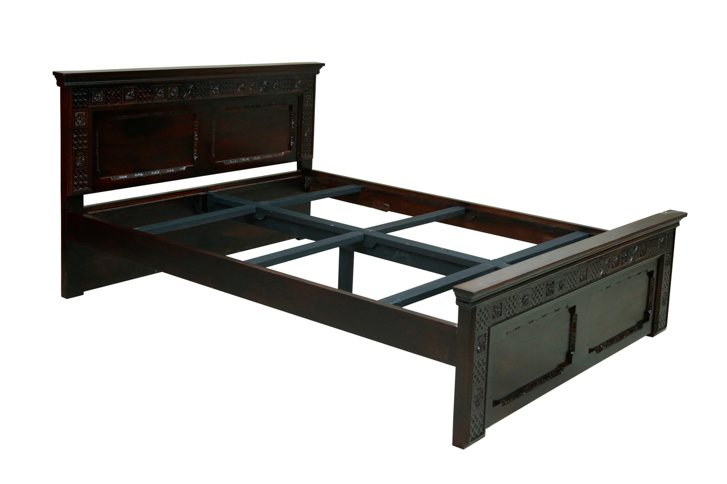 Carving Bed with Traditional Block Print by Induscraft of Solid Sheesham Wood with Hydraulic Storage