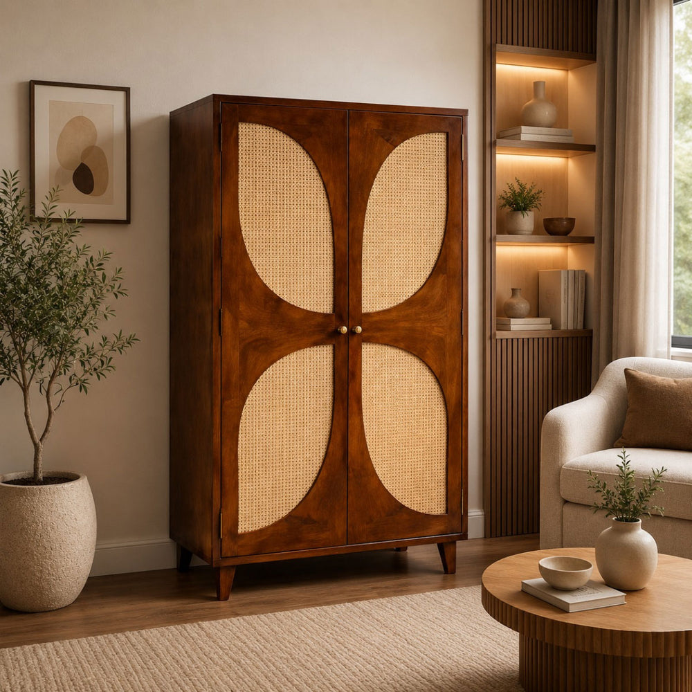 Petal Solid Wood 2 Door Cane Wardrobe