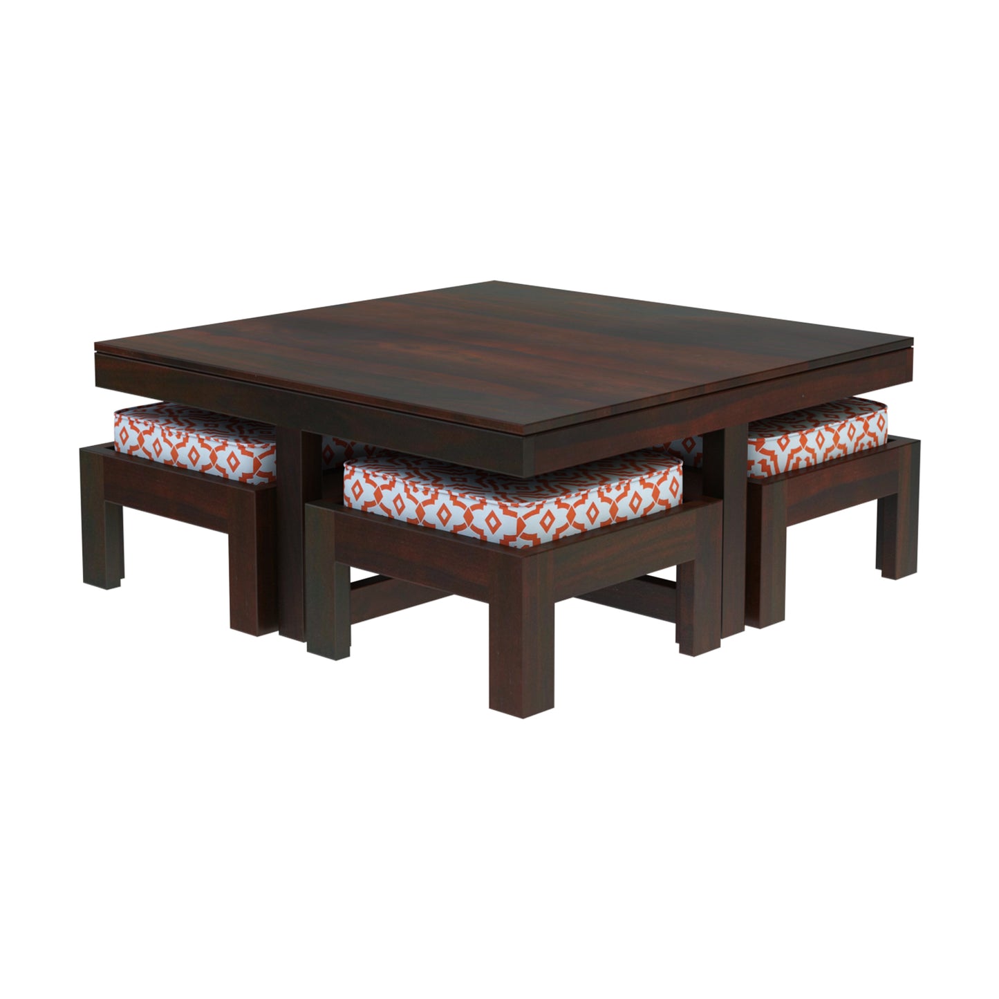 Khimsar Sheesham Wood Coffee Table with 4 Stools – Square Design (Honey Teak & Dark Teak)