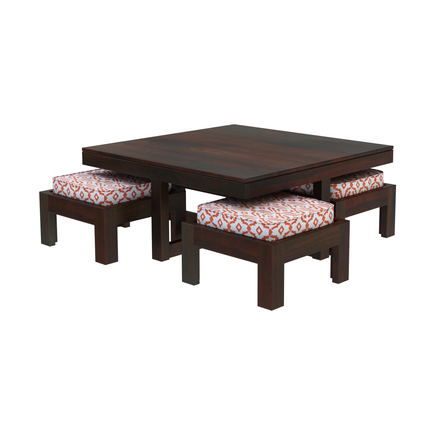 Khimsar Sheesham Wood Coffee Table with 4 Stools – Square Design (Honey Teak & Dark Teak)