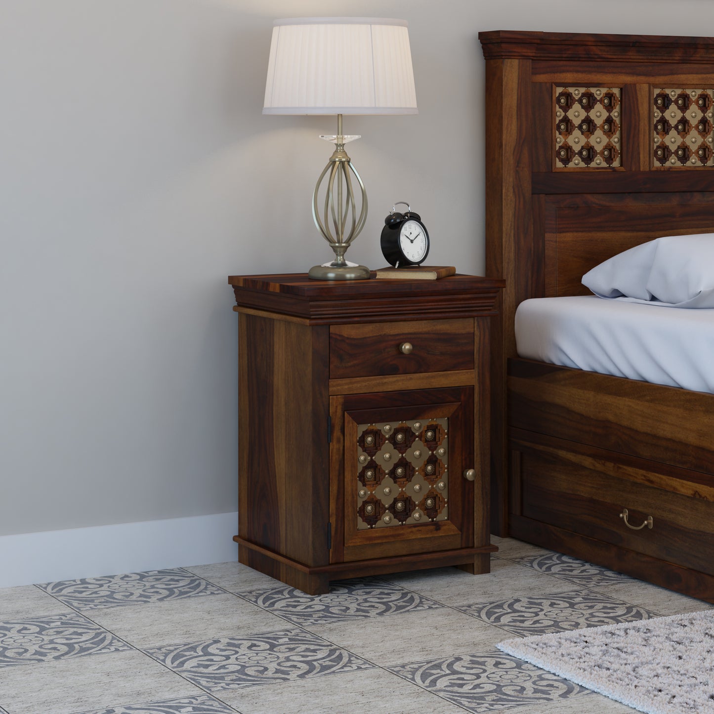 Brass Fusion Bedside by Induscraft in Solid Sheesham Wood