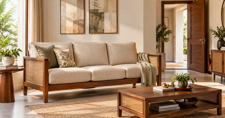 Three-seater wooden sofa with beige cushions in a modern living room, featuring a coffee table and open doorway.