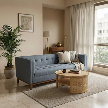 compact 3 seater sofa with round coffee table in small Indian living room compact TV facing layout with natural light and minimal decor