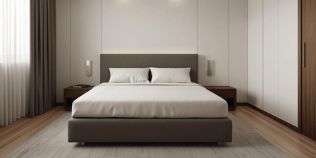 A clean, modern Indian apartment bedroom with a queen-size hydraulic storage bed as the centerpiece