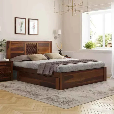 Disa solid sheesham handcrafted carved wooden bed — natural wood grain and artisan craftsmanship by Induscraft