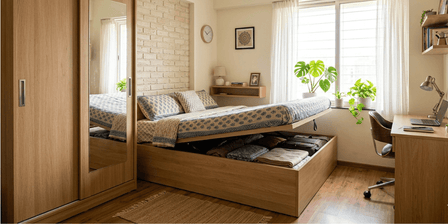 Small bedroom furniture transformation — Induscraft space-saving furniture