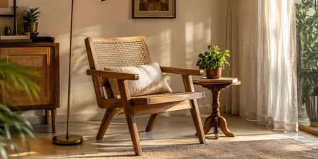 Wooden cane back accent chair with brass lamp and side table in a styled Indian living room corner