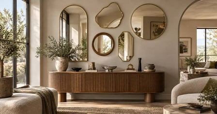Artistic mirrors used as statement wall art above a wooden console in a warm modern interior.