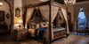 Sheesham wood four-poster canopy bed in dark walnut finish in a dramatic Indian master bedroom