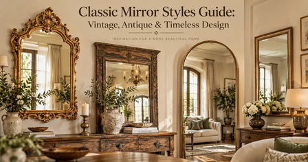 Classic mirror styles guide featuring vintage gold, antique wooden, arched, and timeless framed mirrors in an elegant interior setting.