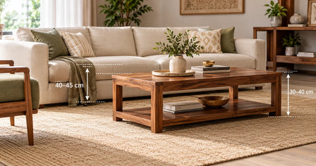 Modern wooden coffee table positioned in front of a beige sofa, with measurement guides showing coffee table height and sofa seat height in a stylish living room