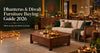 Dhanteras and Diwali furniture buying guide 2026 featuring a festive living room with solid wood sofa, coffee table, sideboard and dining set.