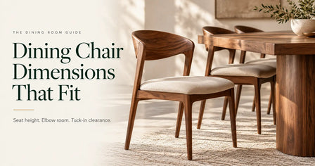 Wooden dining chair beside a matching table, illustrating seat height and tuck-in clearance, with the headline “Dining Chair Dimensions That Fit.
