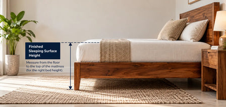 Solid wood bed showing how to measure the finished sleeping surface height from the floor to the top of the mattress.