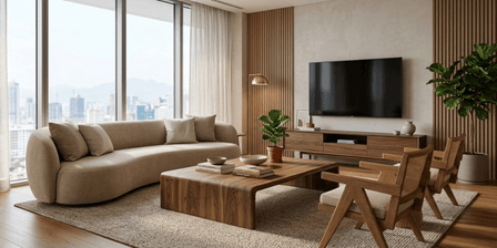 Luxury modern living room interior featuring premium solid wood furniture, elegant coffee table, designer seating, and warm natural lighting.  Select 81 more words to run Humanizer.
