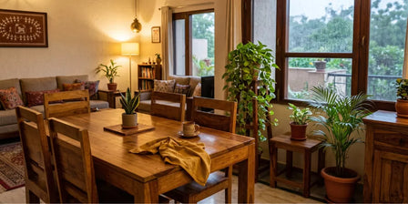 Solid wood dining table being cared for during monsoon season in a warm Indian living room