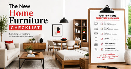 The New Home Furniture Checklist featuring a modern living space with sofa, dining table, bed, storage furniture, and a checklist of essential furniture for a new home.