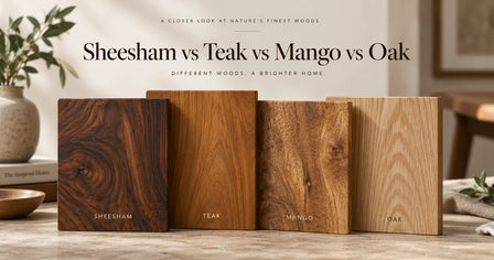 Featured comparison image of Sheesham, Teak, Mango, and Oak wood samples showing distinct natural grain patterns and tones in a warm interior setting.