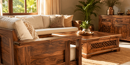 Sheesham wood sofa set and centre table in an Indian living room - complete buyer's guide