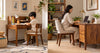 Child and adult using wooden study tables with matching chairs at different heights for comfortable studying and working.
