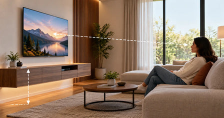 Modern living room with a wall-mounted TV above a floating wooden TV unit, showing the ideal viewing height and distance from the sofa.