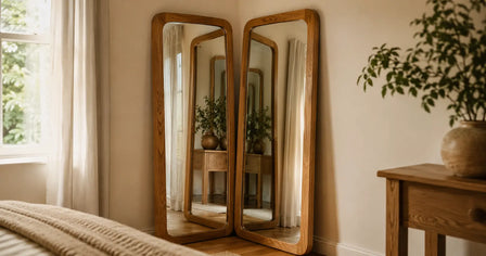 Two full-length oak wood wall mirrors facing each other, creating a reflected double-mirror effect in a bedroom