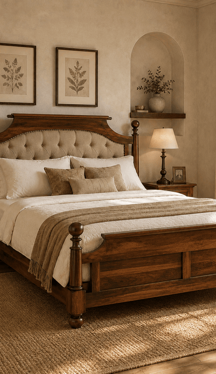 Siligudi solid Sheesham wood four-poster bed with tufted upholstered headboard, styled in a royal bedroom