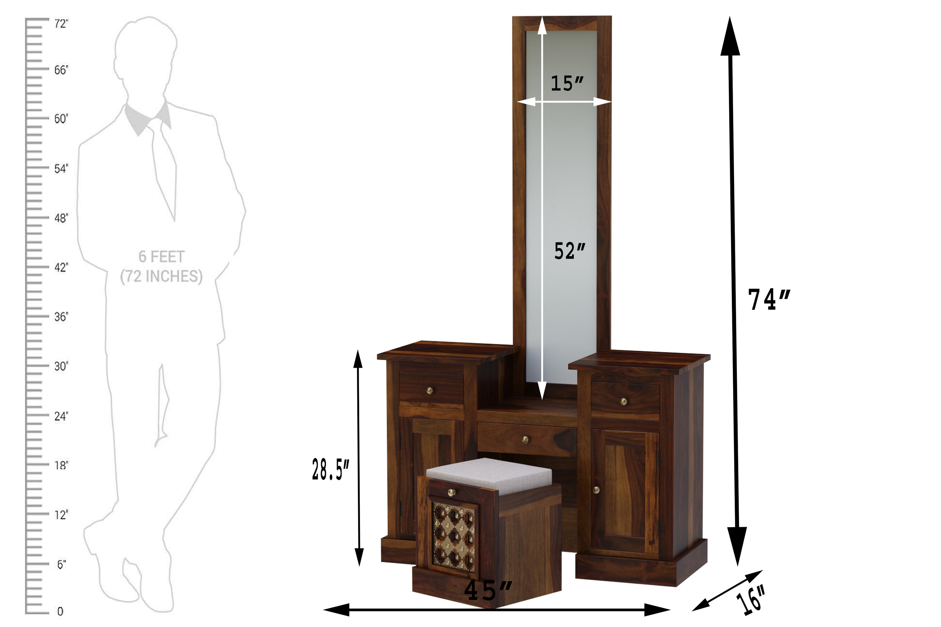 Solid Wood Dressing Table with Dual Storage Units & Cushioned Stool