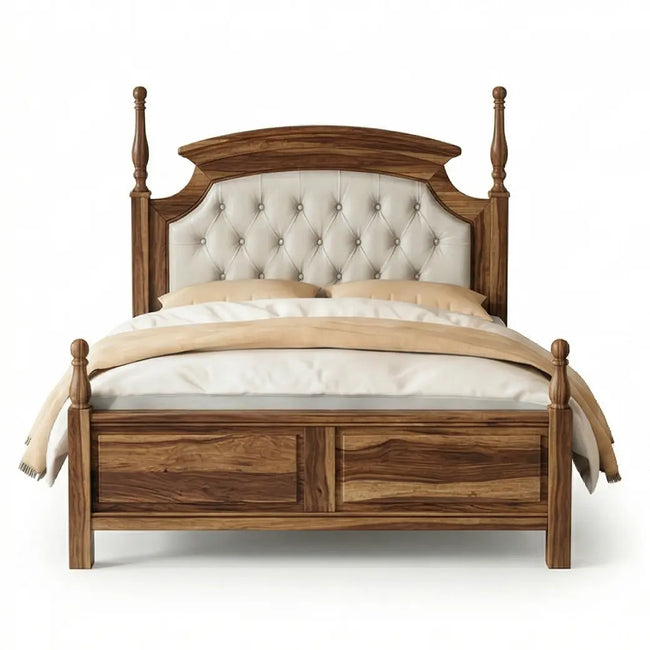 Classic Solid Wood Bed with Button-Tufted Upholstered Headboard