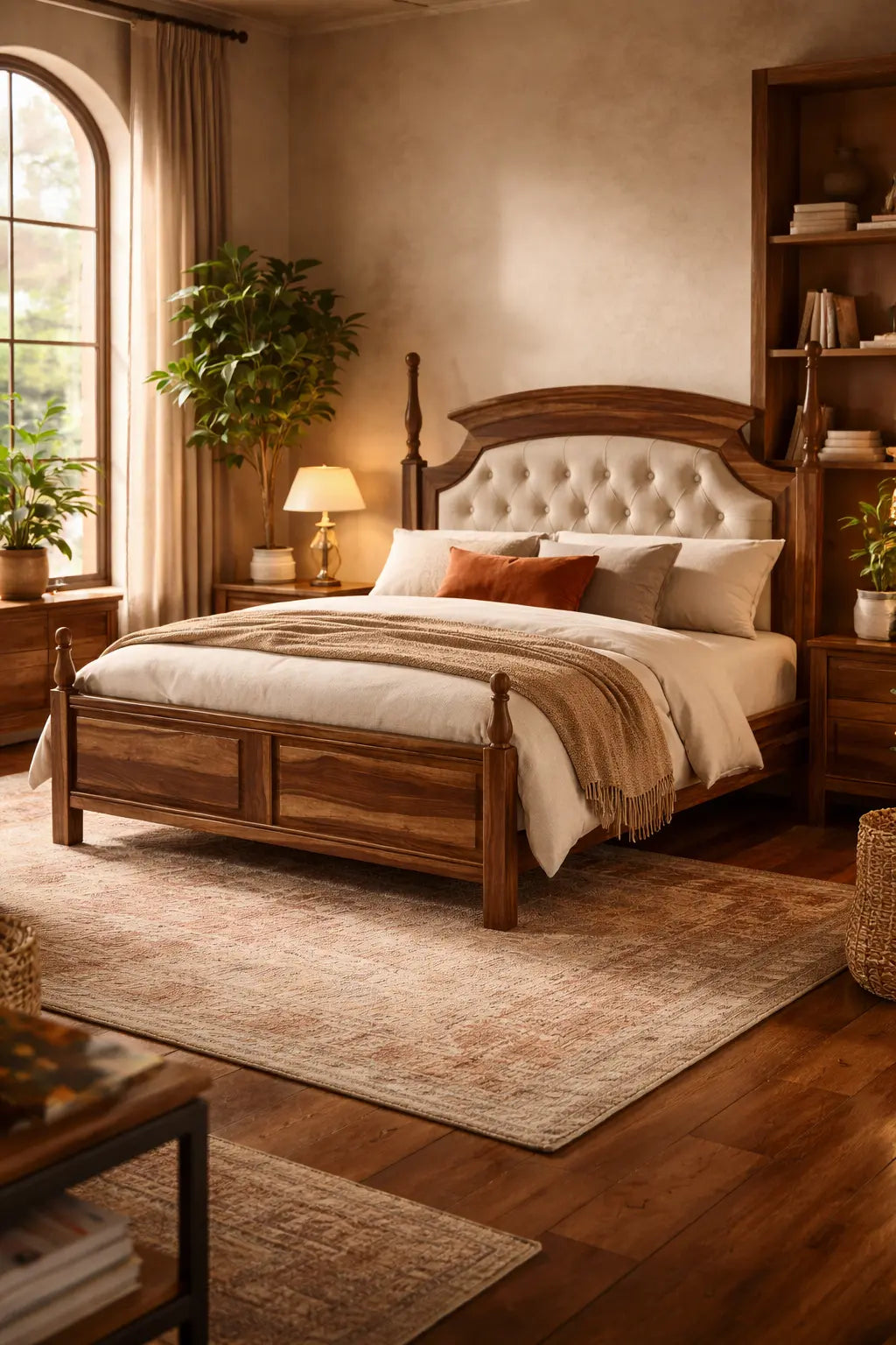 Classic Solid Wood Bed with Button-Tufted Upholstered Headboard