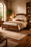 Classic Solid Wood Bed with Button-Tufted Upholstered Headboard