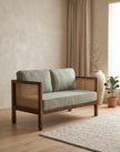 Solid Wood Cane 2-Seater Sofa with Upholstered Cushions