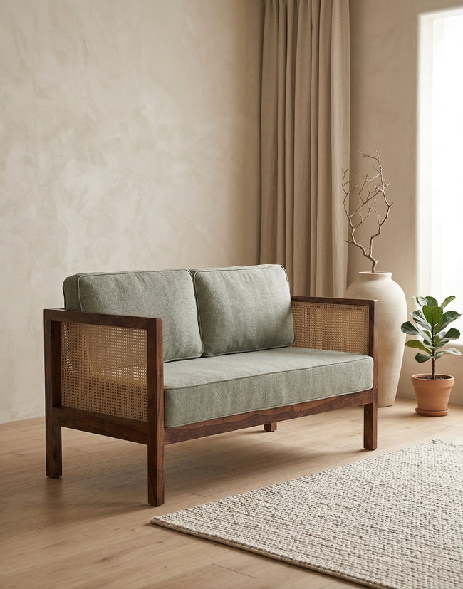 Solid Wood Cane 2-Seater Sofa with Upholstered Cushions