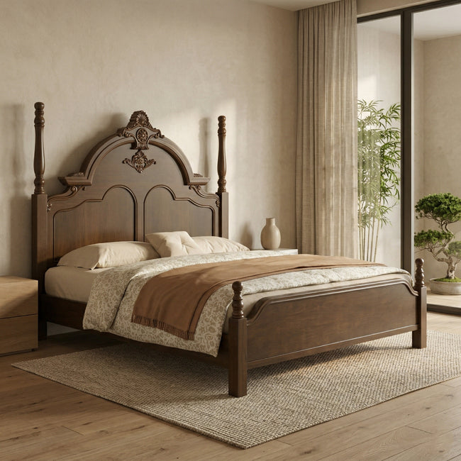 Classic Solid Wood Platform Bed Frame with Upholstered Tufted Headboard